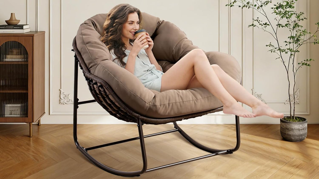 Oversized Papasan Rocking Chair - Outdoor Luxury Comfy Patio Chair Indoor Egg Royal Rattan Rocking Chair with Cushion