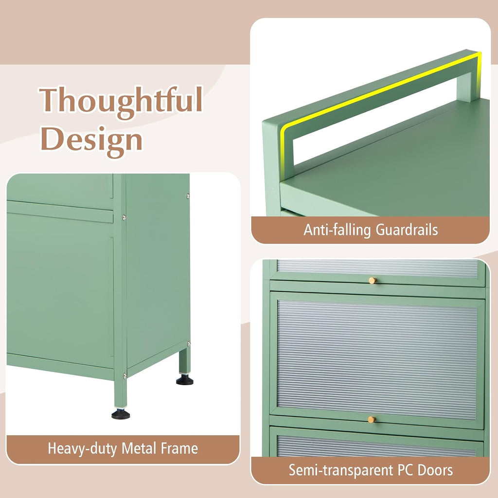 5-Tier Kitchen Storage Cabinet, 4 PC Doors, Rolling Wheels, Green | Mobile Metal Pantry Cabinet with 4 Hooks &