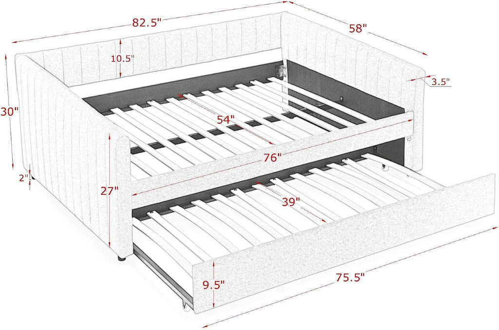 Full Daybed with Pop up Trundle,Linen Upholstered Day Bed Frame with Channel Tufted Backrest & Armrest,Extendable