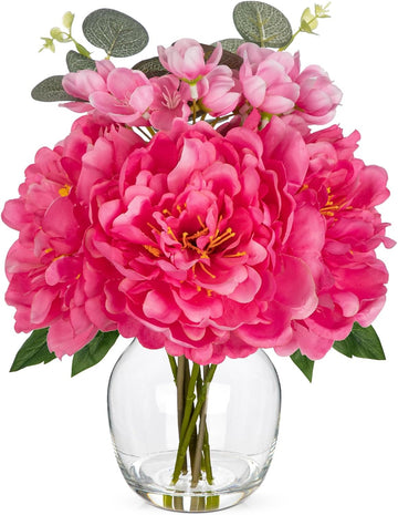Fake Flowers in Vase Pink Peonies Artificial Flowers Peony Bouquet Silk Flower Arrangements with Glass Vase with Faux