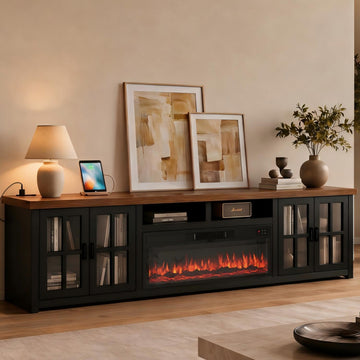 86" Solid Wood Fireplace TV Stand, Entertainment Center with 36" WI-FI Electric Fireplace,Modern TV Media Console