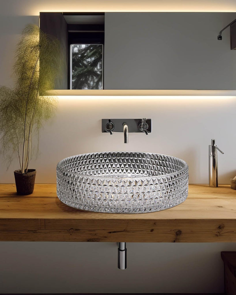 Bathroom Vessel Sink Round Vessel Sink 15.35" x 4.33" Transparent Diamond Shaped Crystal Glass Bathroom Sink