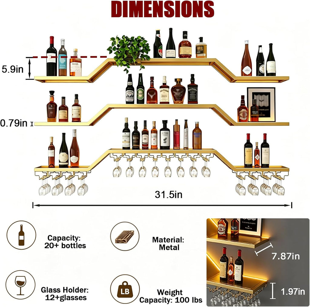 31.5in Wine Rack Wall Mounted, Move Individual Shelf LED Lights | 3-Tier Floating Bar Wall Shelves LED, Includes Wine