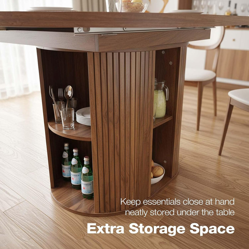 43.3'' - 59'' Extendable Round Dining Table for 4 - 8, Modern Wood Oval Kitchen Table with Storage Shelf