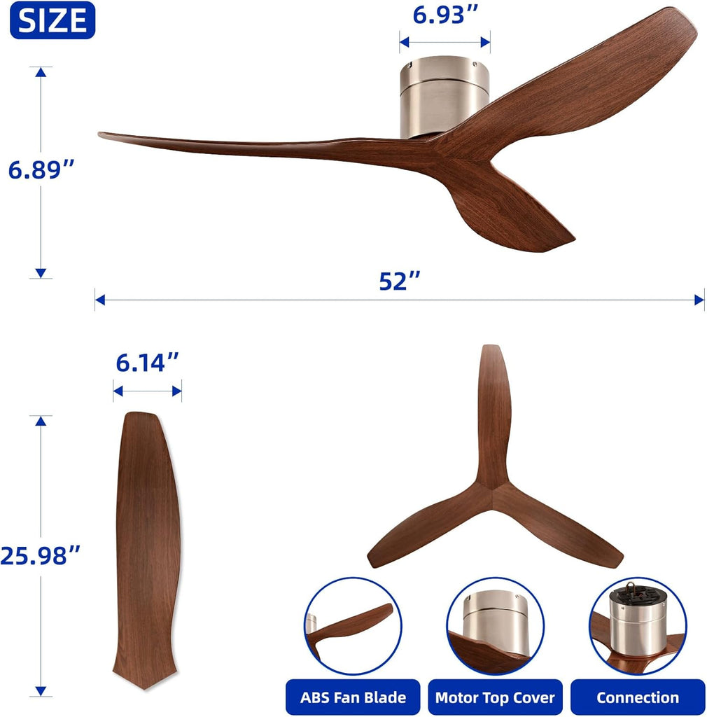 52" Low-Profile Modern Ceiling Fan with Remote – Brown & Brushed Nickel, 3-Blade, DC Motor, No Light