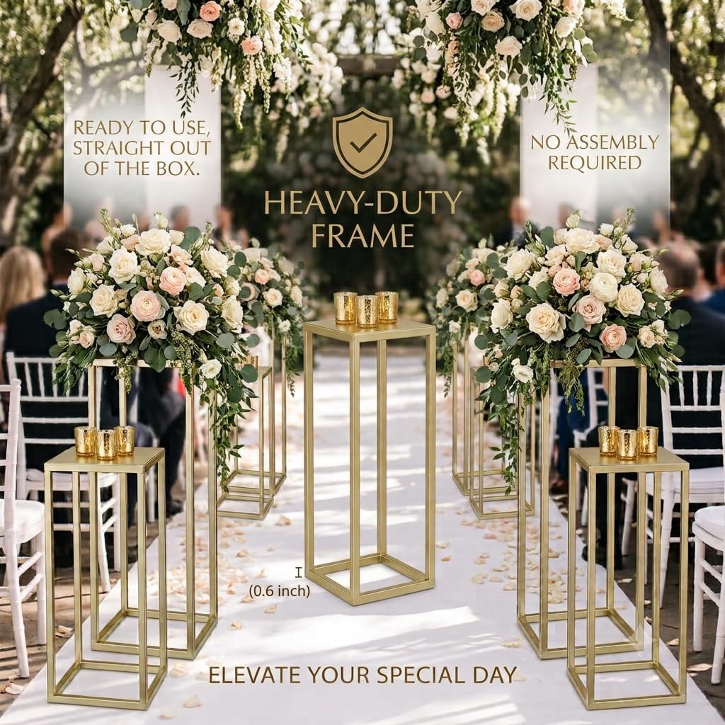 Gold Plant Stand Indoor Pack of 2, No Assembly Required Metal Pedestal Flower Stand, Upgraded 0.6" Heavy Duty Column