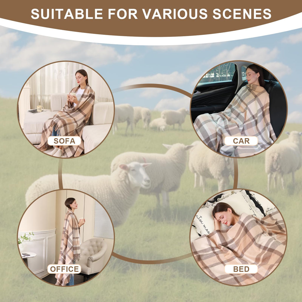 Pure Wool Plaid Throw Blanket, Super Soft Lightweight Home Decorative Throw