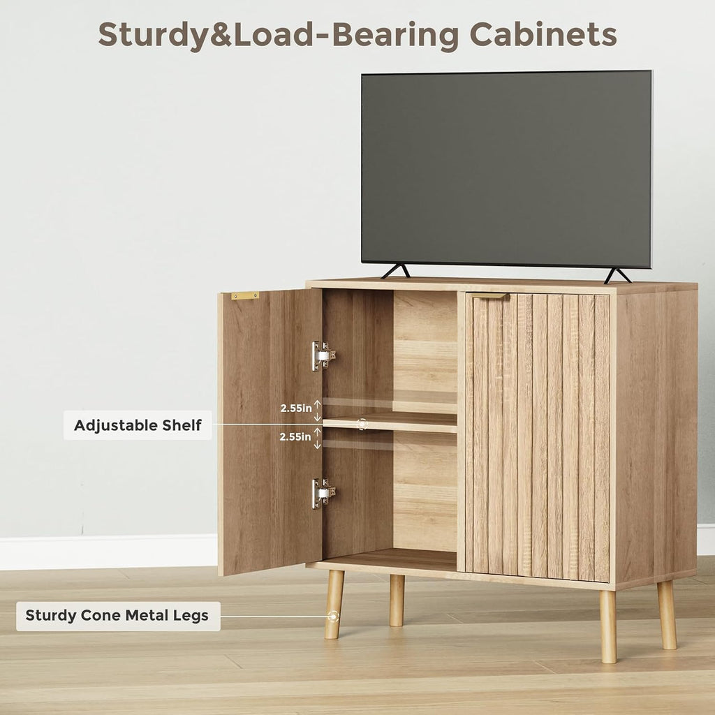 Fluted Storage Cabinet, Free Standing Buffet, Wood Sideboard, Multifunctional Accent Storage (1, Oak)