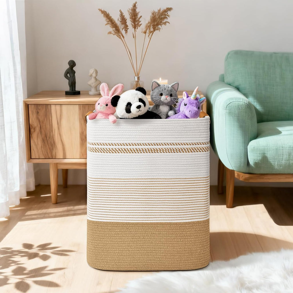Laundry Hamper, 85L Tall Laundry Basket with Leather Handles, Rectangle Large Clothes Hamper for Organizing, Cotton