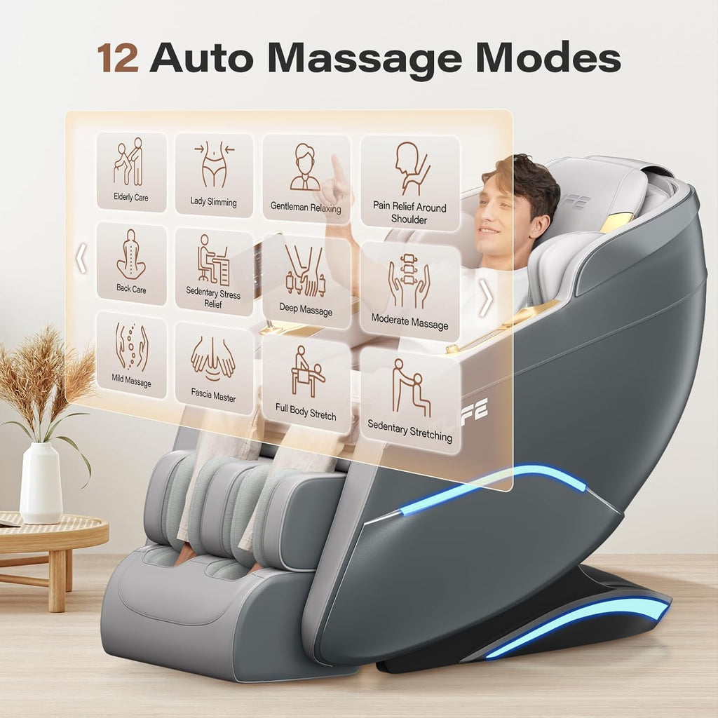 Massage Chair Full Body 160° Zero Gravity SL-Track, 12 Modes, Grey | Full-Body Airbags, Body Scan, 6 Massage