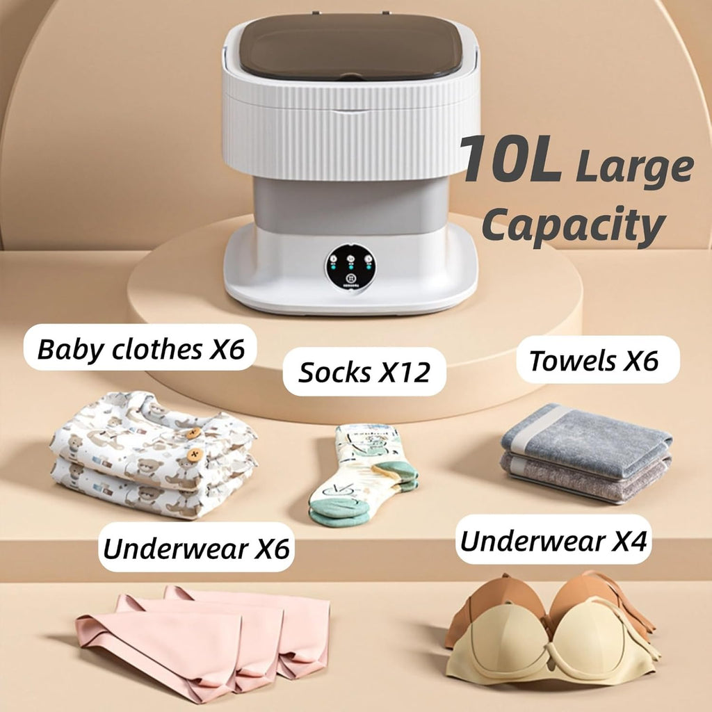 Portable Washing Machine 10L Foldable Mini Washer and Spin Dryer Deep Cleaning Compact Baby Clothes Underwear Washer