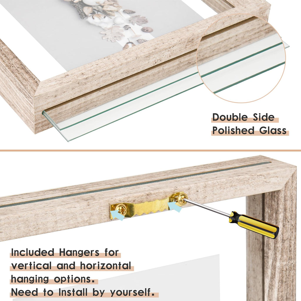 5x7 Floating Frames Distressed Beige White Wood Pattern, Double Glass Picture Frame Display Any Size Photo up to