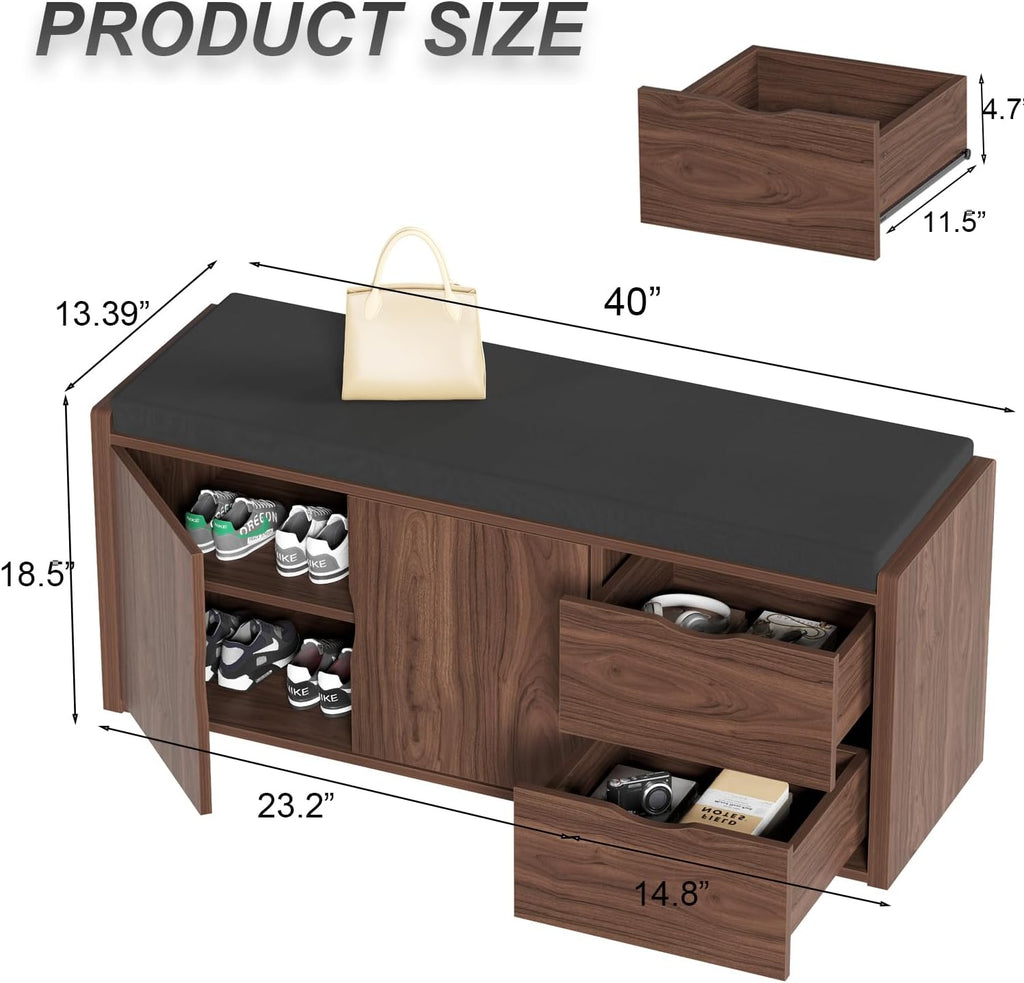 40" Entryway Storage Bench with Padded Seat Cushion, Wood Hidden Shoe Organizer Bench with 2 Drawers Cabinet
