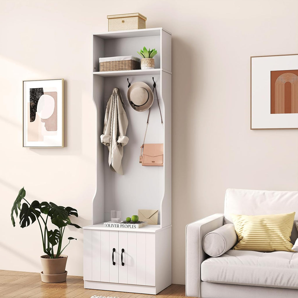 3-in-1 Hall Tree with Bench and Shoe Storage, 23.5" Tall Coat Rack with Adjustable Shelves, 4 Hanging Hooks, 2-Door