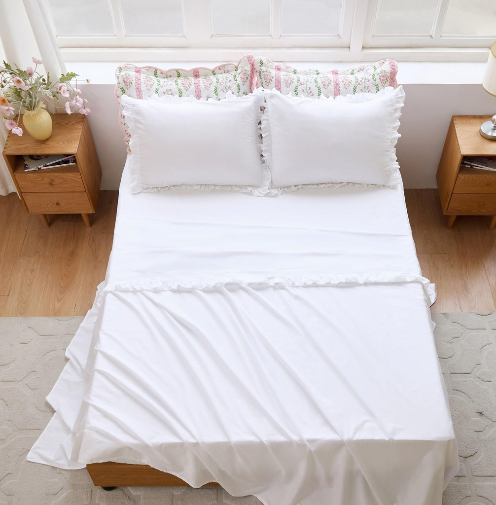 White Cotton Percale Ruffled Bed Sheet Set Sheets 4Pcs