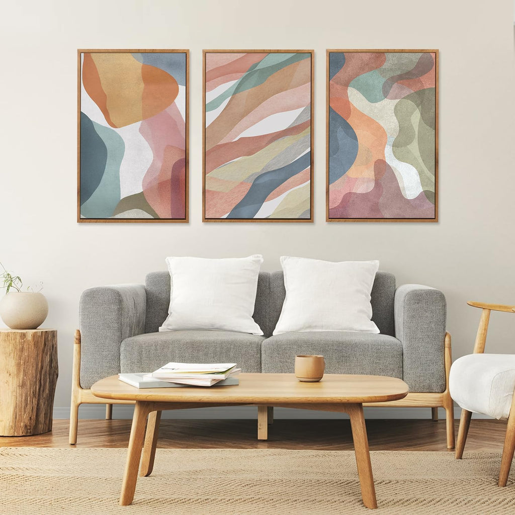 Abstract Watercolor Framed Canvas Wall Art Paintings(16"x24"), 3 Panels Colorful Red Green Yellow Blue White Artwork