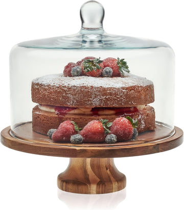 Acacia Wood Cake Stand with Glass Dome Lid, Footed Server - Set of 2