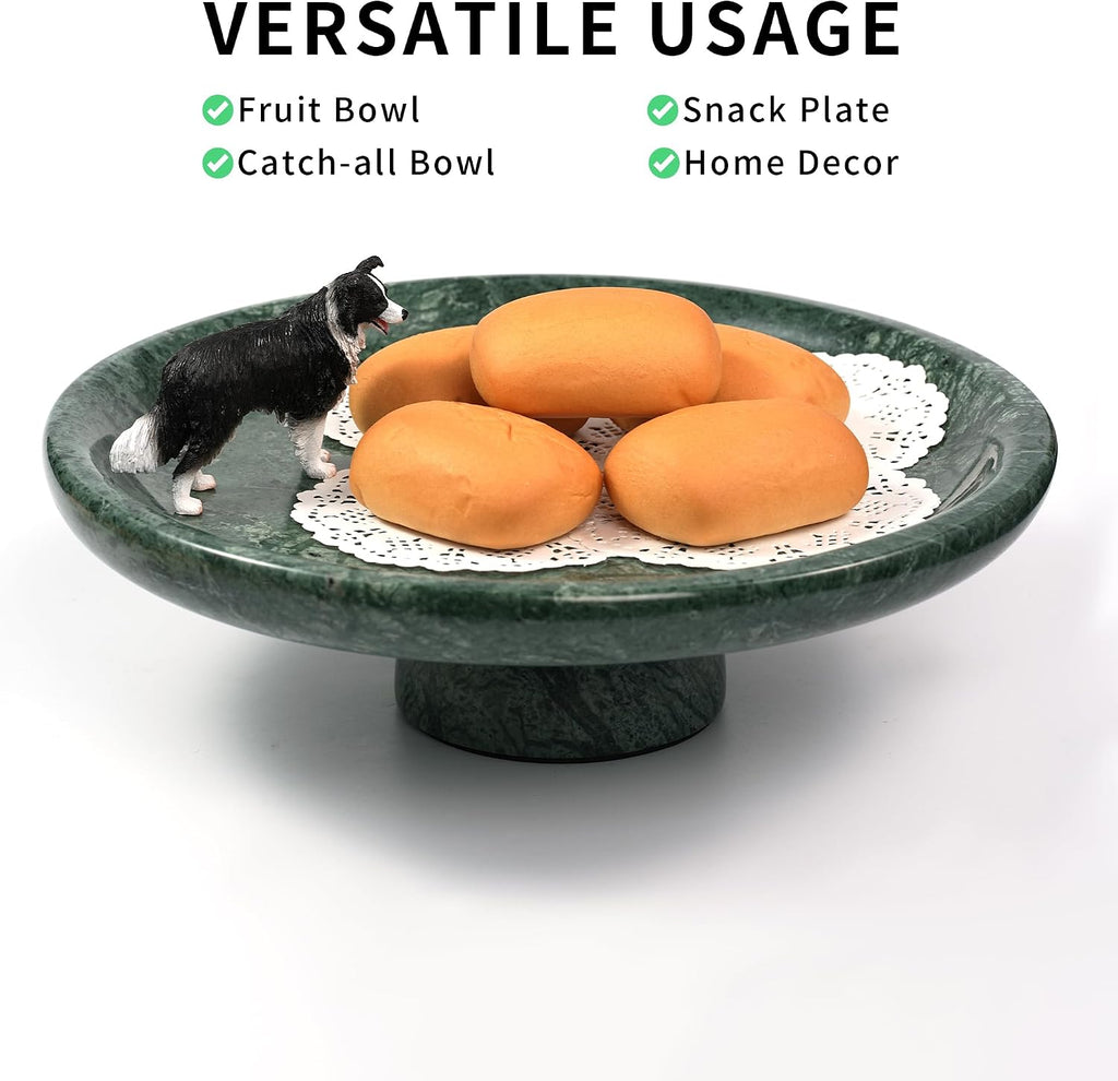 Marble Fruit Bowl - 11.8" Green Decorative Stone Pedestal Bowls Decor, Footed Fruits Holder For Dining Table Counter