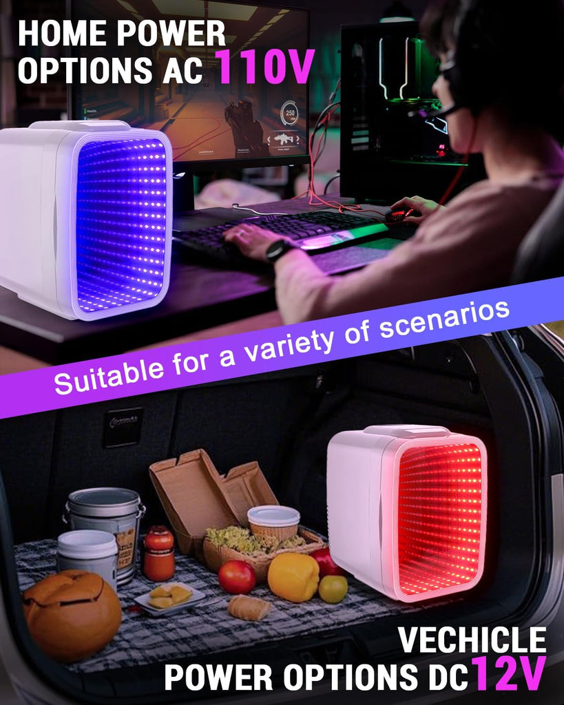 Mini Fridge, 4 Liter/6 Cans Small Refrigerator With Dimmable LED Light,AC/DC Portable Mini Cooler and Warmer, Gaming