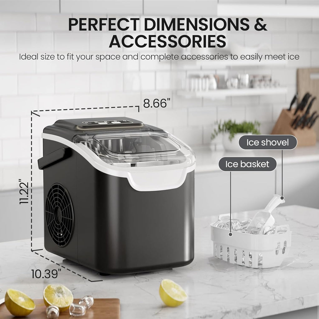 Countertop Ice Maker, 8 Cubes in 6 Mins, 26Lbs/Day Bullet Ice, Portable Ice Maker with 2 Sizes of Cubes