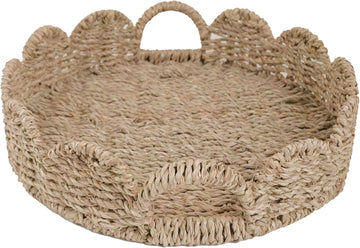 Seagrass Scalloped Tray with Handles,Round Rattan Serving Trays for Coffee Table,Woven Tray for Ottoman Decorative