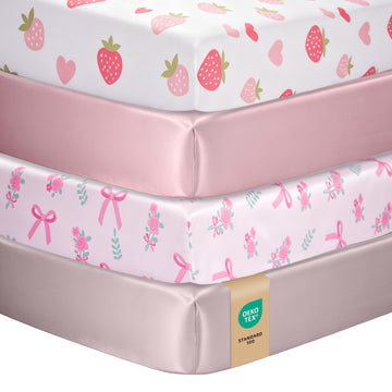 Fitted Baby Crib Sheets, 4 Pack, 52x28 in, Strawberry Pink