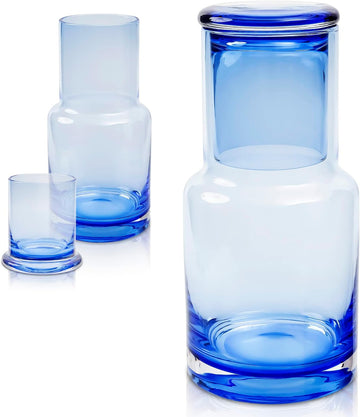 Ombre Blue Bedside Water Carafe and Glass Set, 5 oz Glass Carafe with Matching Glass Lid, Drip-Free Pour Design