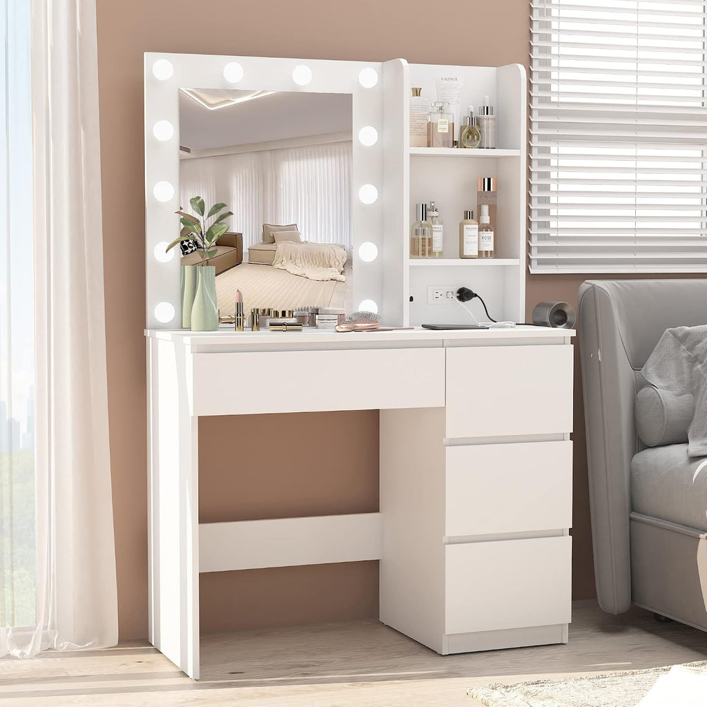 Makeup Vanity with Lights, 37inch Vanity Desk with Power Strip, 4 Drawers Makeup Table with Lighted Mirror, 3