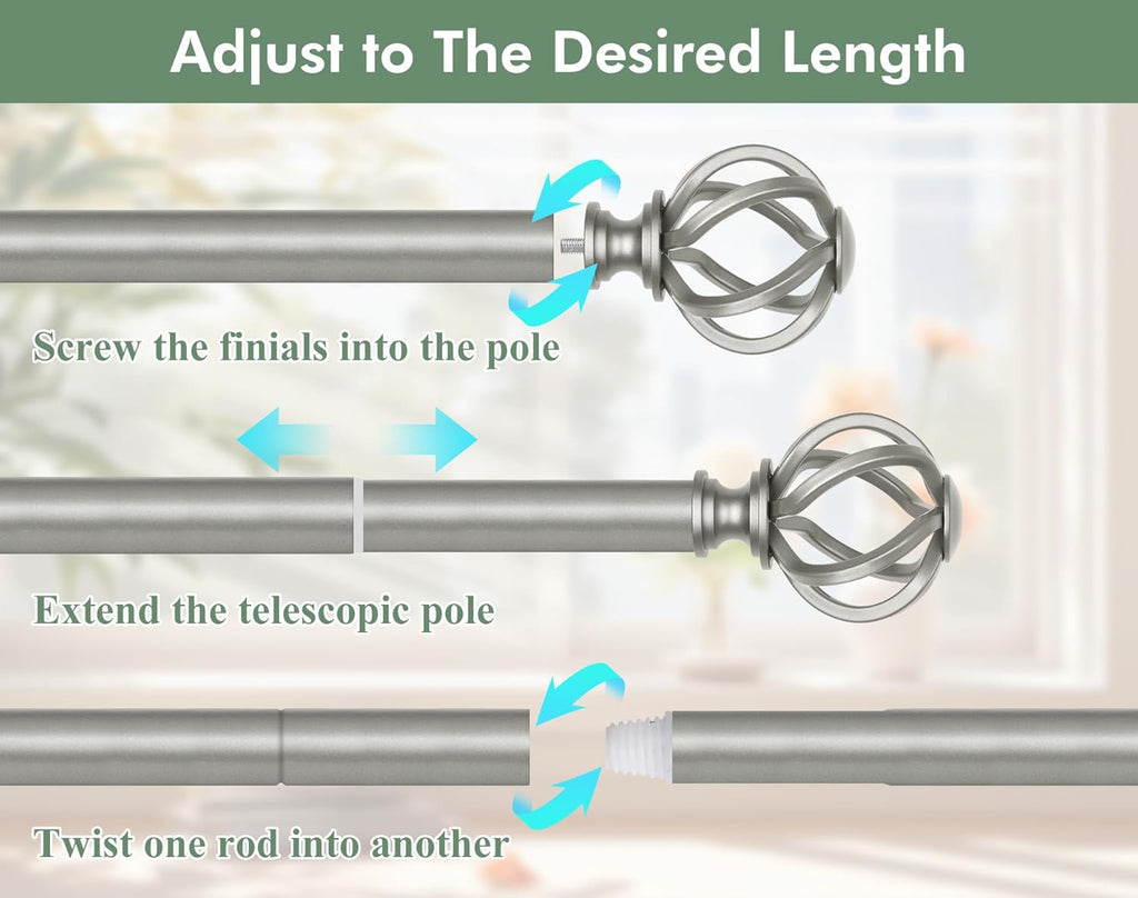 Antique Silver Curtain Rod, 7/8 Curtain Rods for Windows, Telescoping