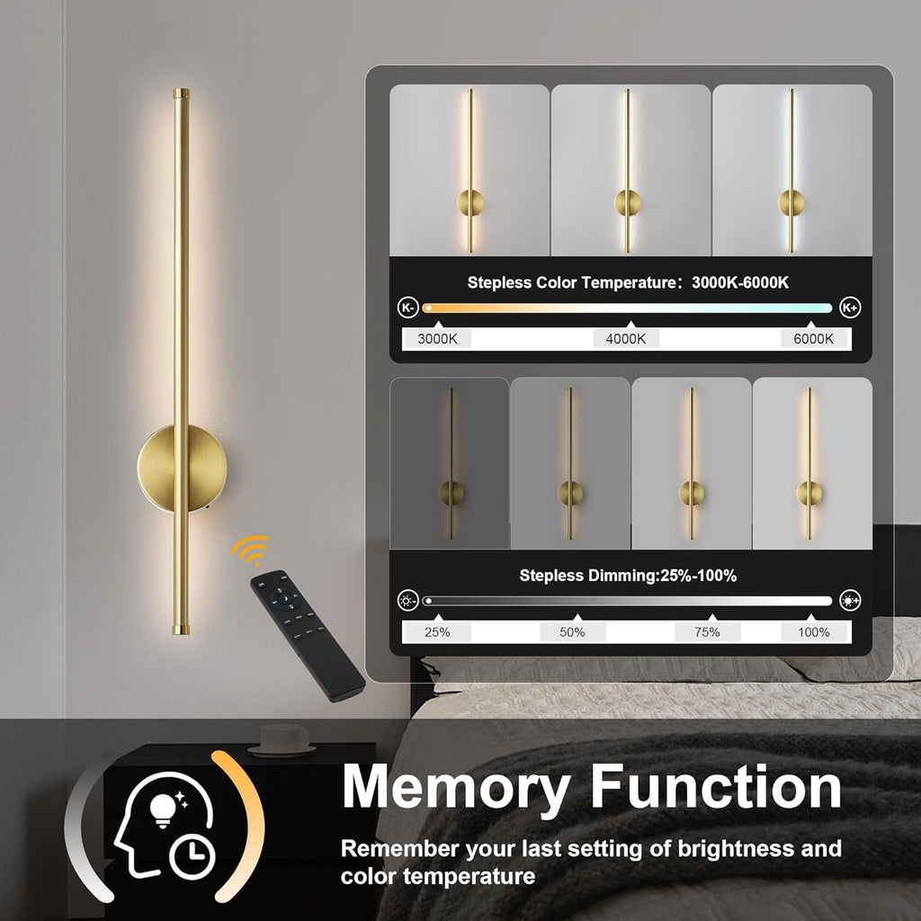 Battery Operated Modern Wall Sconces, Dimmable Wireless Wall Light Set of Two with Remote Control, 3 Color