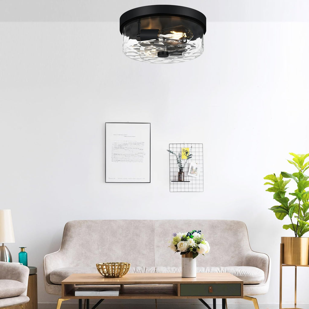 Flush Mount Ceiling Light Fixtures, 2-Light Black Ceiling Mount for Farmhouse with Water Ripple Glass Lampshade