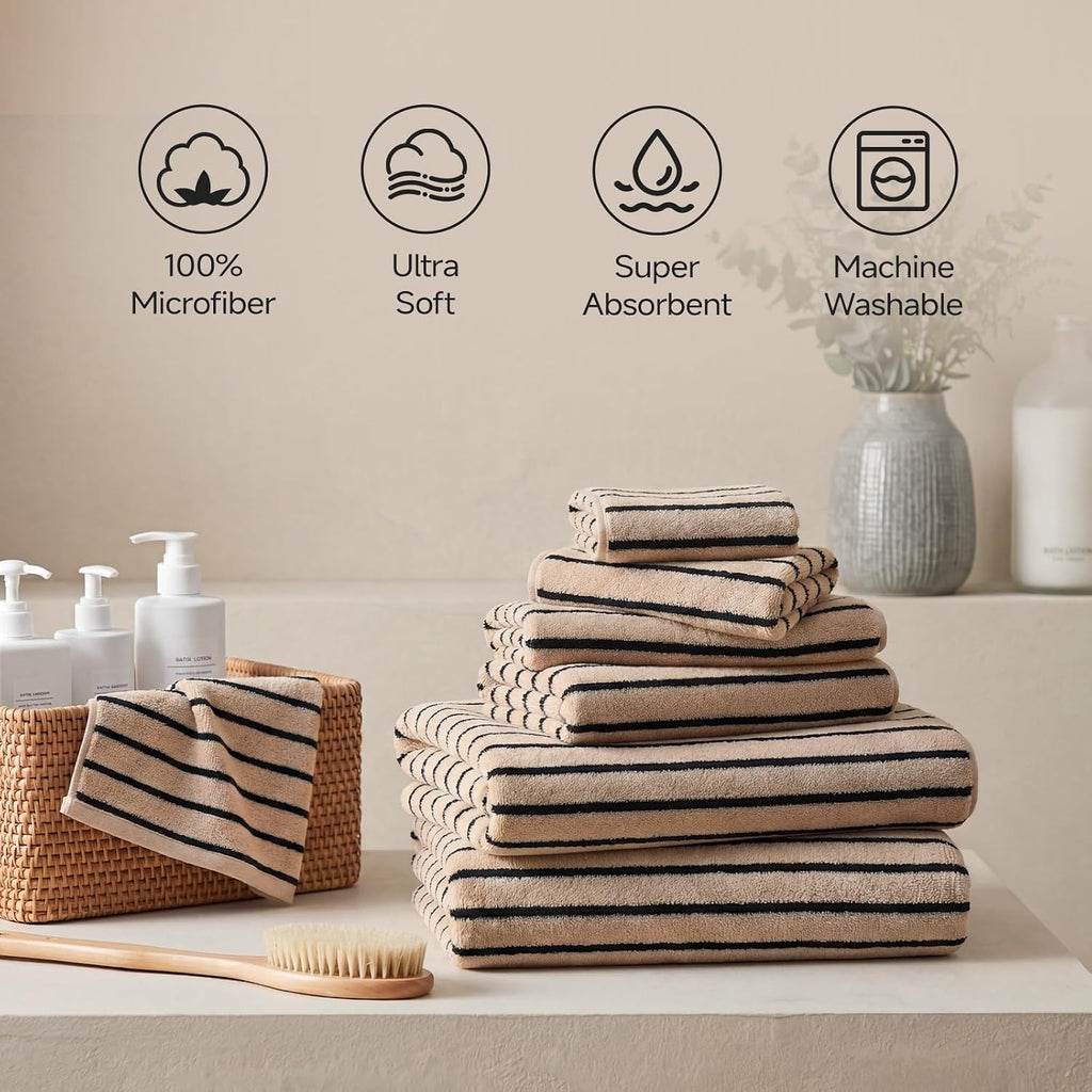 Striped Microfiber Bathroom Towel Set, Lightweight-Khaki | Highly Absorbent 6-Piece Microfiber Towel Set, 2 Bath