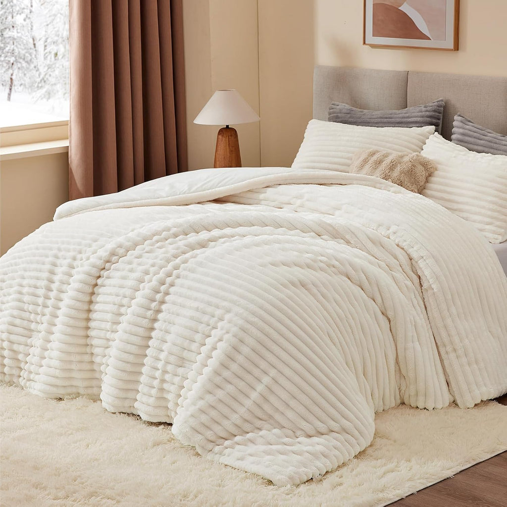 Fleece King Comforter Set, Fluffy Bed Set, Cream White