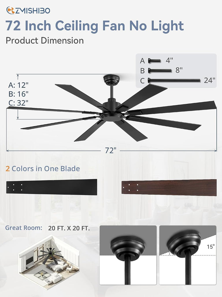 72 Inch Ceiling Fan No Light with Remote, Black Large Ceiling Fan Without Light with Quiet Reversible DC Motor