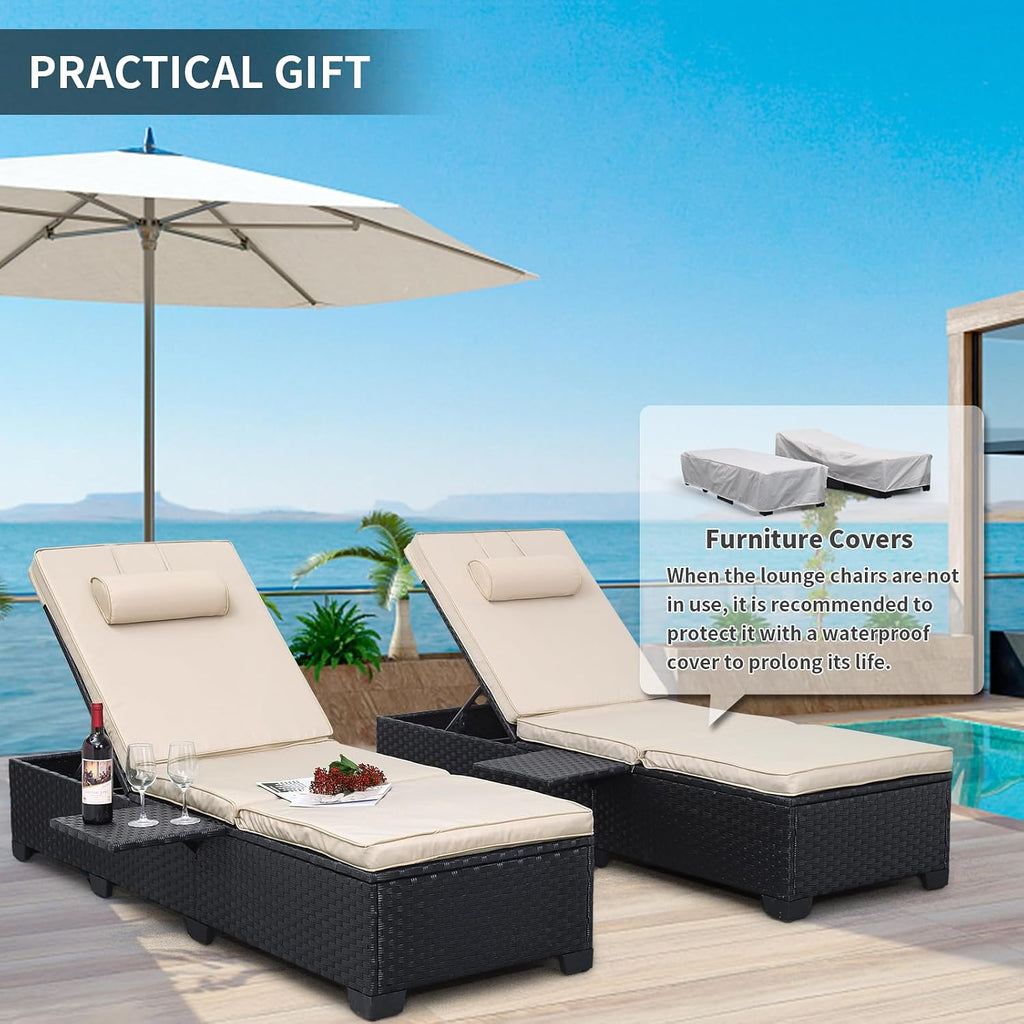 Outdoor Chaise Lounge Chairs for Outside Patio Furniture Set of 2 Wicker Recliner Black Rattan Sunbathing Lounger
