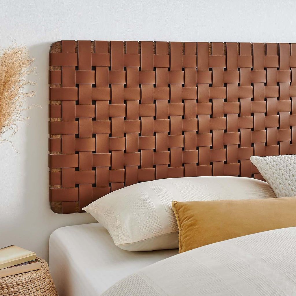 Leather Weave King Headboard in Walnut Brown, Faux Leather King Headboard Only with Wall Mount Design