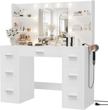 Vanity Desk with Mirror, LED Lights and Power Outlet Makeup Vanity Table with 7 Drawers and 6 Storage Shelves