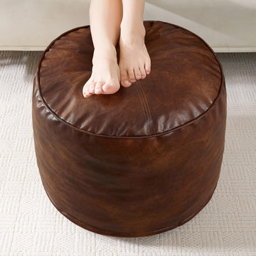 Round Stuffed Pouf Ottoman, Pu Leather Poufs with Foam Chunk Filling, Furry and Fluffy Pouf Foot Stool Storage