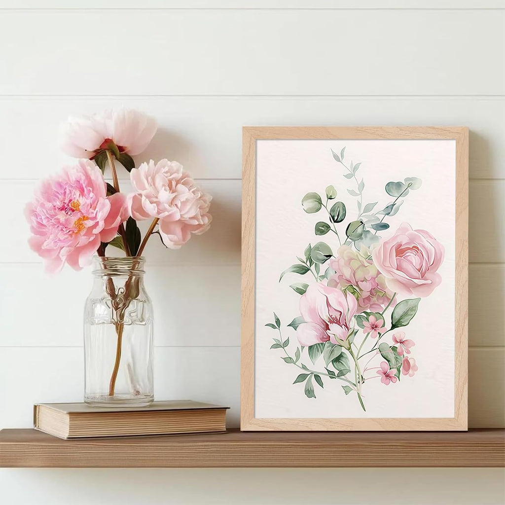 Framed Botanical Wall Art Set of 2, Pink Floral Canvas Prints with Natural Wood Frame & Acrylic Cover, Modern