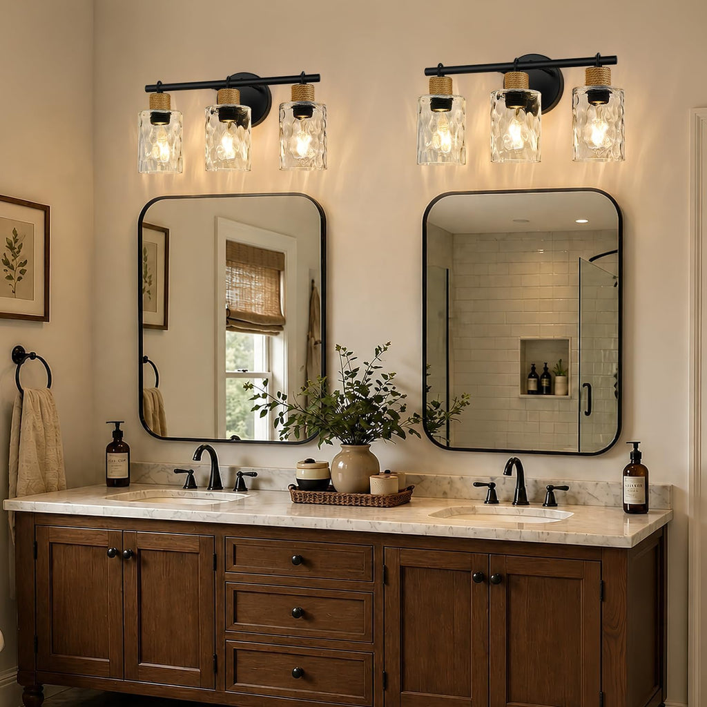Bathroom Light Fixtures, 3-Light Coastal Vanity Lights with Crystal Glass Shade, Black Bathroom Wall Lamp for Mirror