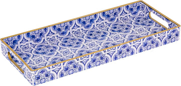 Blue Decorative Tray, Plastic Serving Tray with Handles, Rectangular Moroccan Trays, Long Narrow Trays Counter, 13.8"