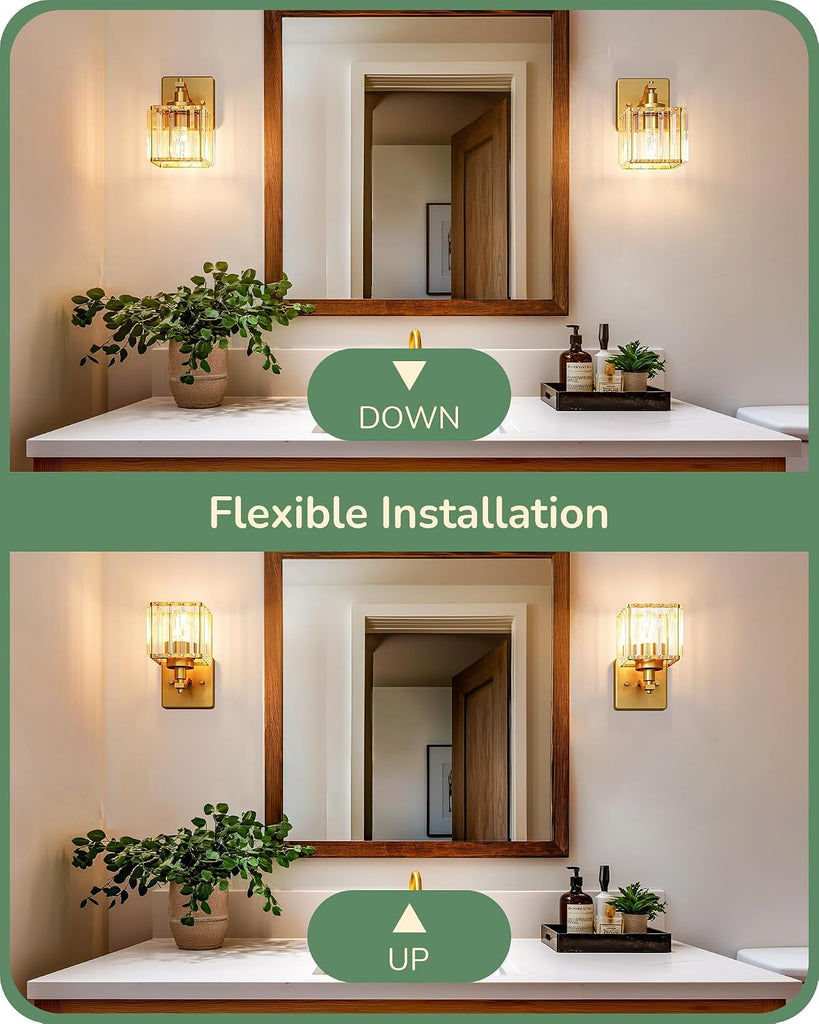 Modern Gold Crystal Wall Sconces Set of 2, Bathroom Vanity Lights | Hardwired, 1-Light, Standard E26 Base, Up Down