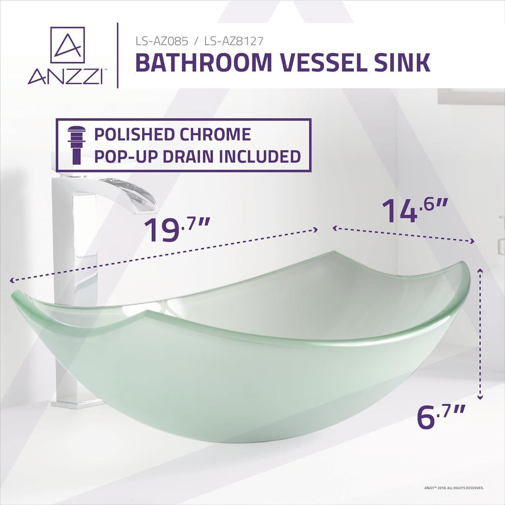 Pendant Modern Tempered Glass Vessel Bowl Sink in Lustrous Frosted, Top Mount Bathroom Sinks Above Counter
