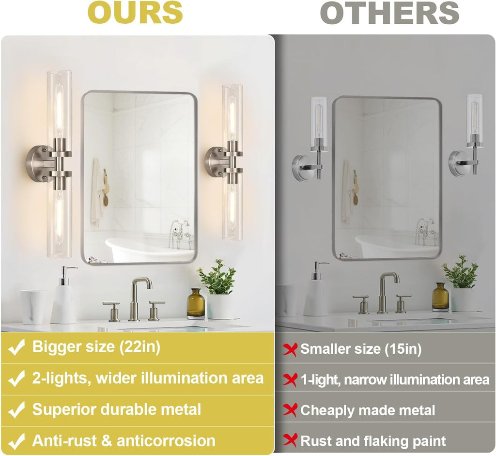 Wall Sconces Set of Two, Hardwired Brushed Nickel Bathroom Sconces Wall Lighting with Clear Glass, Modern Sconces