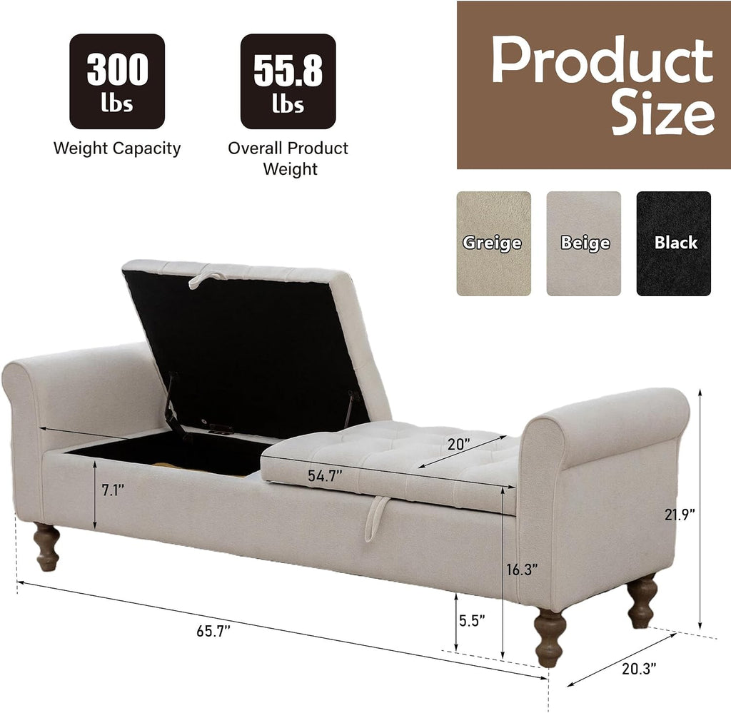 66" End of Bed Storage Bench King Beige,Napped Fabric Window Bench with Dual-Opening Compartments,Long Tufted Storage