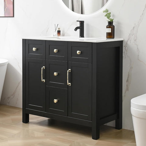 16-Inch Modern Bathroom Vanity with Sink – Compact Freestanding Storage Cabinet with Adjustable Shelf, Black