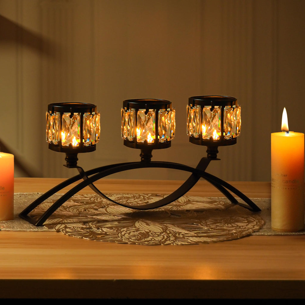 Black 3-Arm Crystal Candle Holders Arched - Elegant Tabletop Candelabra Centerpiece for Weddings, Dining Room Decor