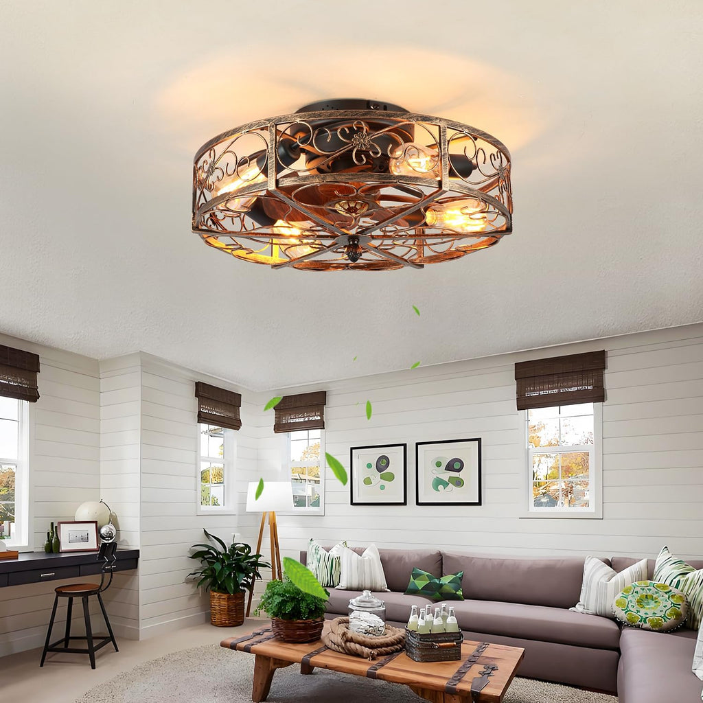 20'' Caged Ceiling Fan with Lights and Remote Control,Small Farmhouse Bladeless Low Profile Ceiling Fans Lights