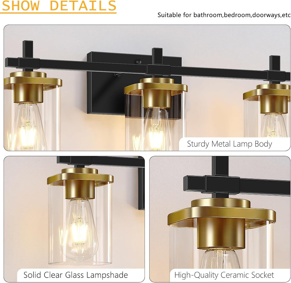 3-Lights Black and Gold Bathroom Light Fixtures Over Mirror, Modern Brushed Gold Vanity Lights , Sconces Wall