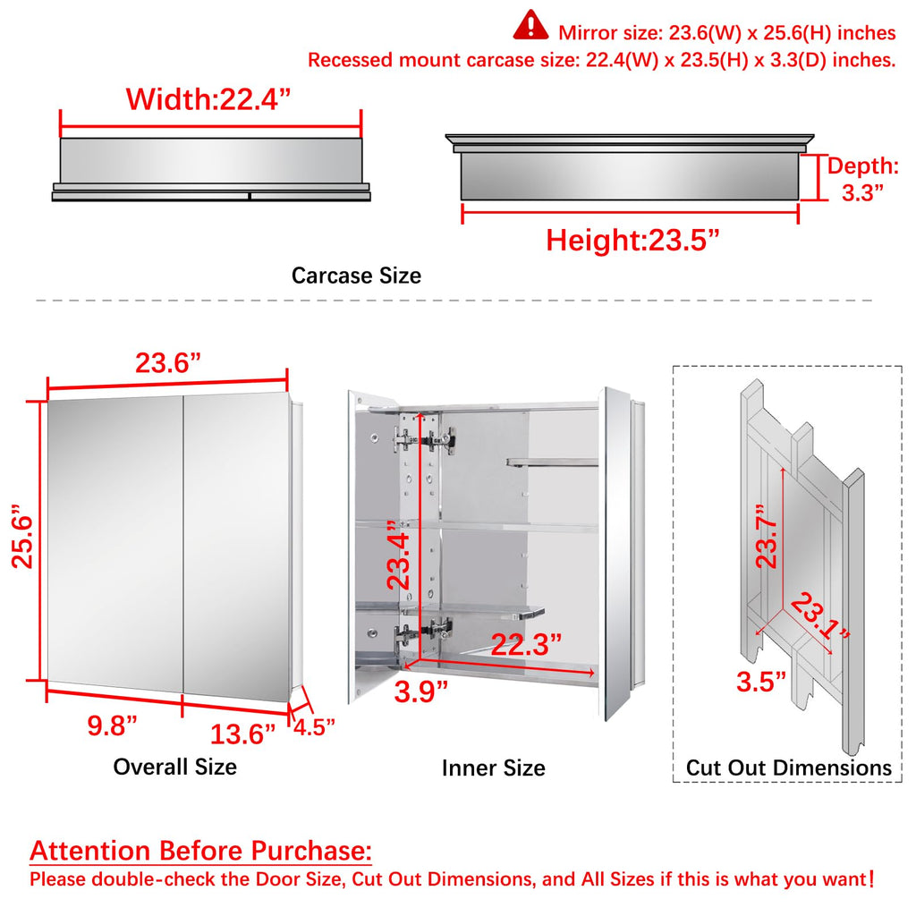Stainless Steel Medicine Cabinet, Bathroom Mirror Cabinet, Surface Mount and Recess Mount, 23.6 x 25.6 inch, with